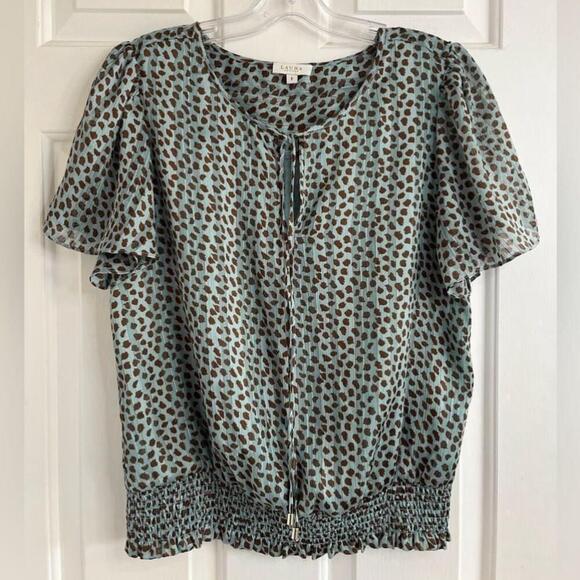 Laura Petites Teal Animal Print Metallic Short Sleeve Blouse 8 - Picture 8 of 15